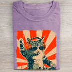 Unisex Cool DJ Cat Printed Washed Folded T-shirt