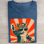 Unisex Cool DJ Cat Printed Washed Folded T-shirt