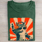 Unisex Cool DJ Cat Printed Washed Folded T-shirt