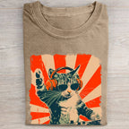 Unisex Cool DJ Cat Printed Washed Folded T-shirt