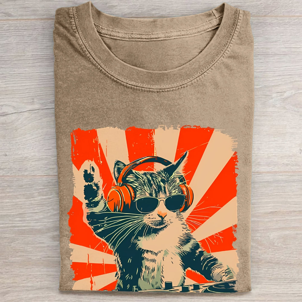 Unisex Cool DJ Cat Printed Washed Folded T-shirt