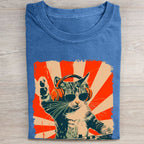 Unisex Cool DJ Cat Printed Washed Folded T-shirt