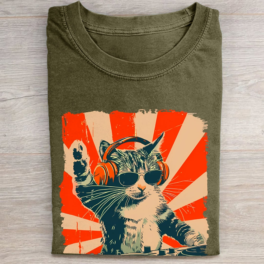 Unisex Cool DJ Cat Printed Washed Folded T-shirt