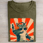 Unisex Cool DJ Cat Printed Washed Folded T-shirt