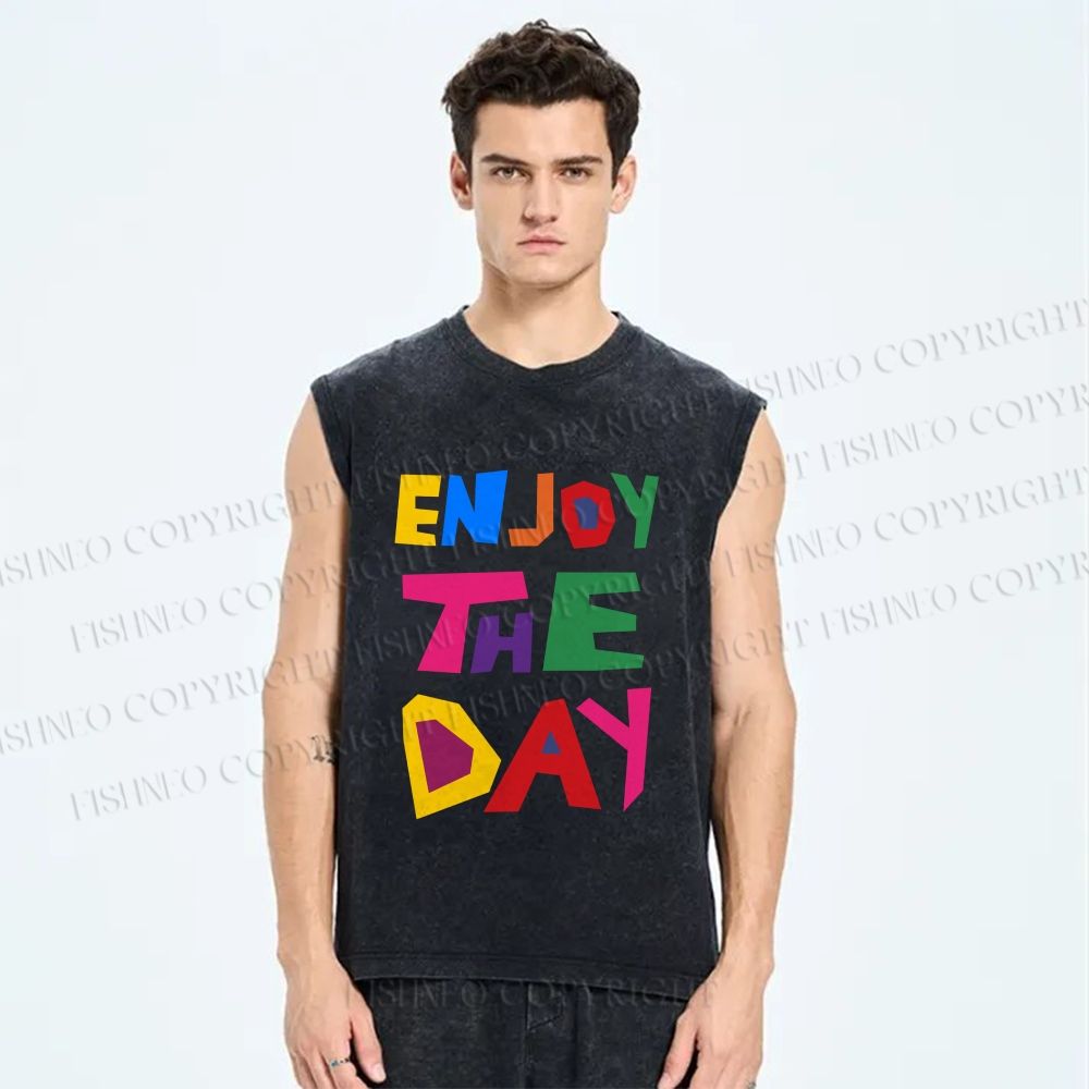 Unisex Enjoy The Day Printed Washed Tank Top