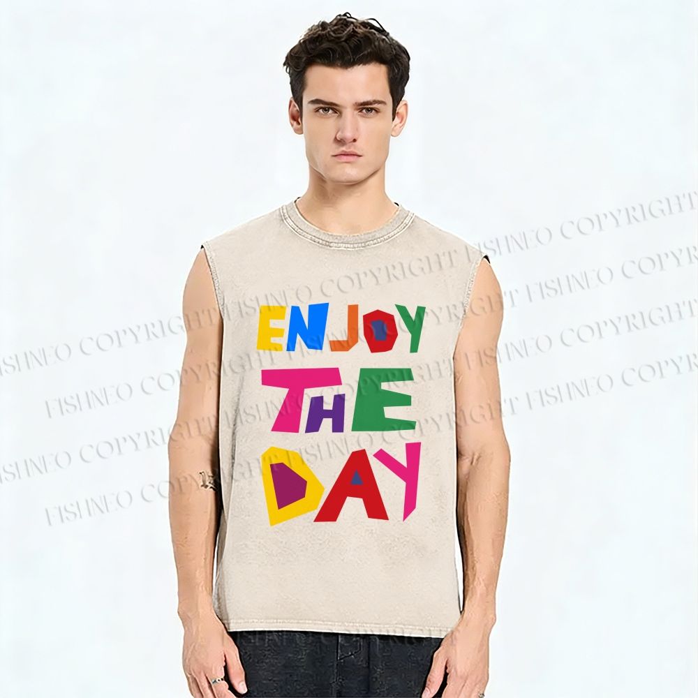 Unisex Enjoy The Day Printed Washed Tank Top