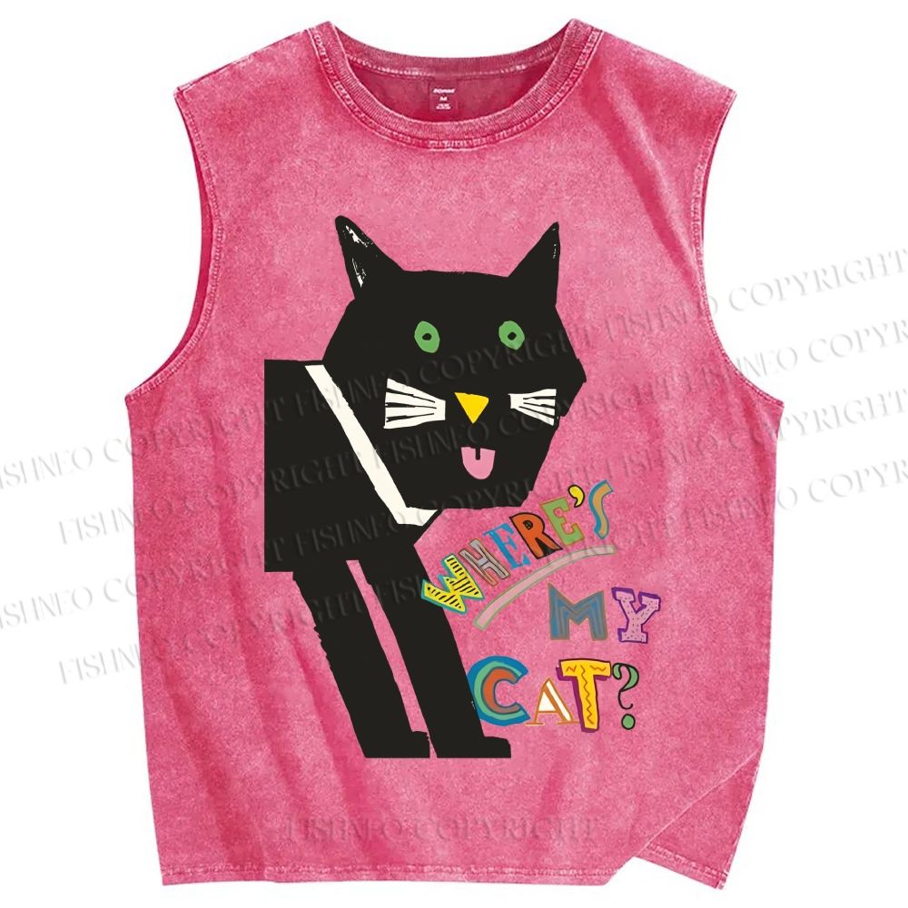 Unisex Where's My Cat Printed Washed Tank Top