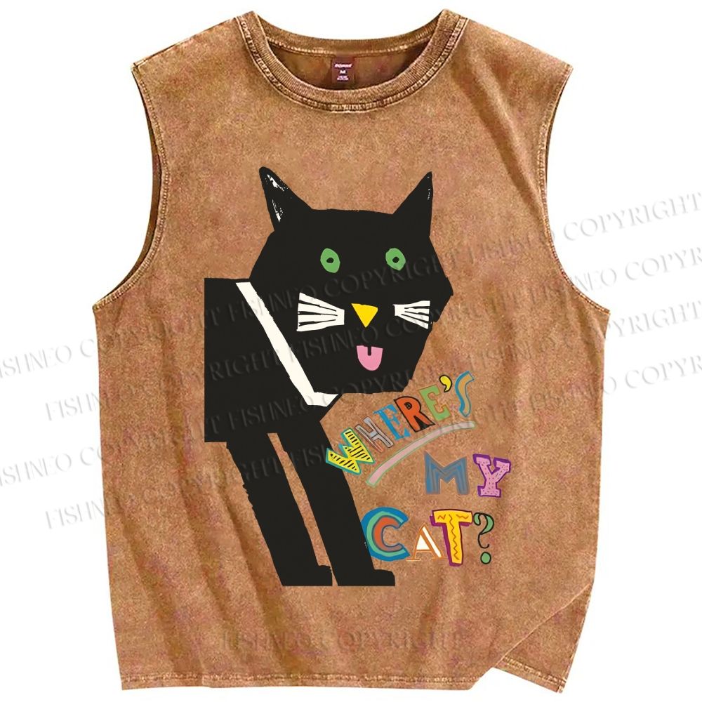 Unisex Where's My Cat Printed Washed Tank Top
