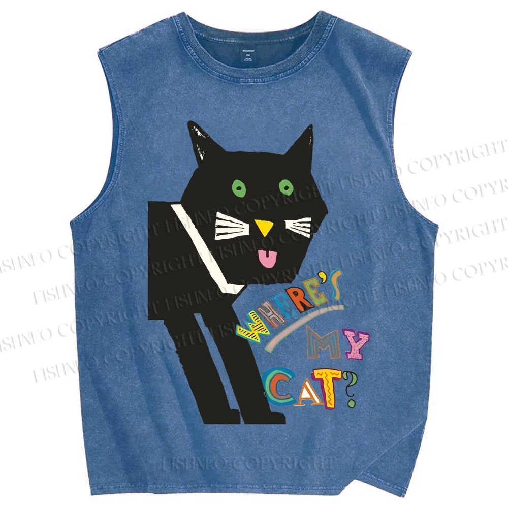 Unisex Where's My Cat Printed Washed Tank Top