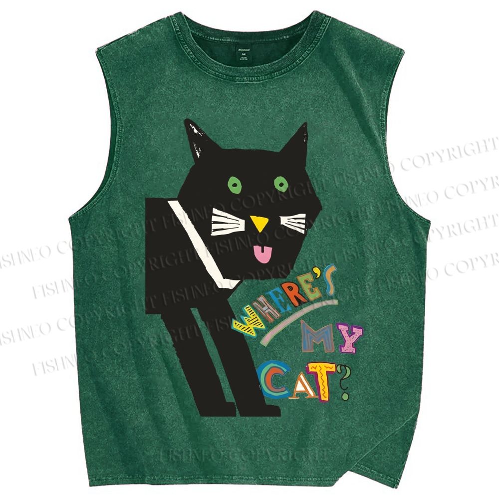 Unisex Where's My Cat Printed Washed Tank Top