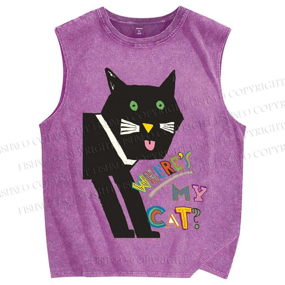 Unisex Where's My Cat Printed Washed Tank Top