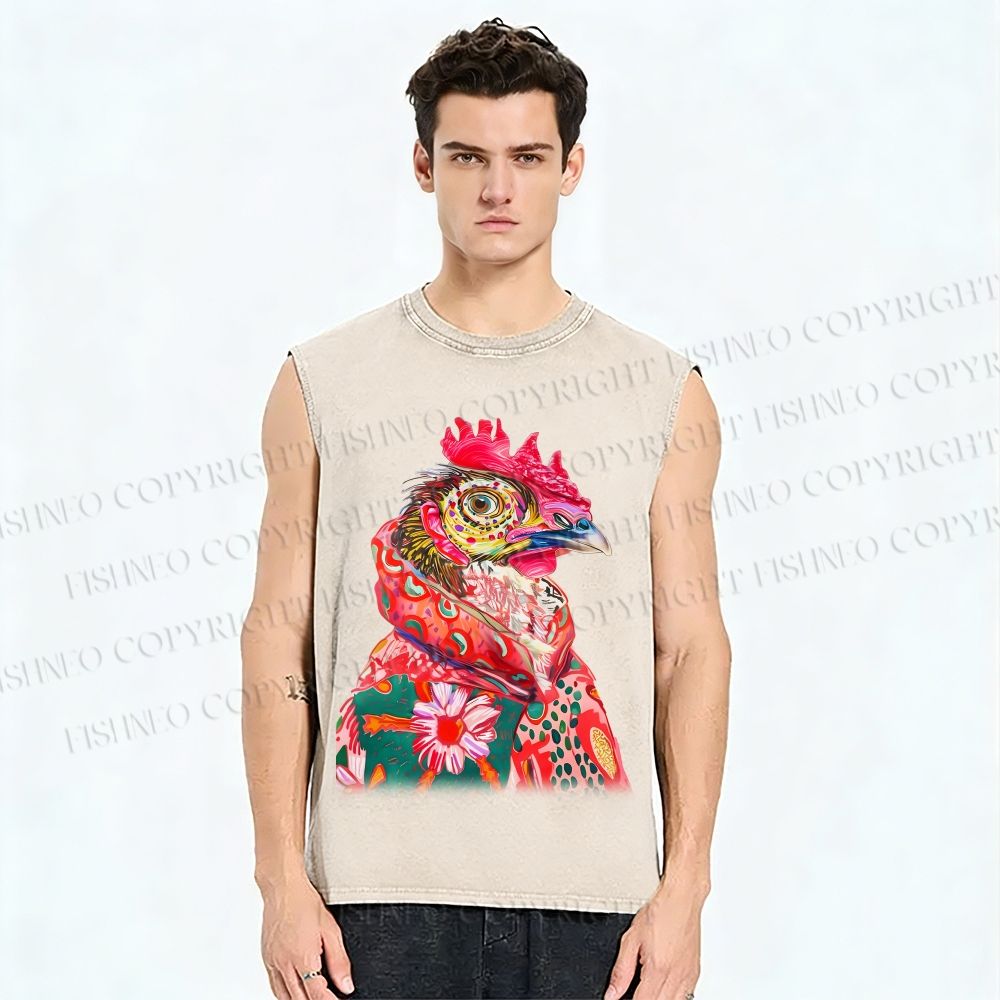 Unisex Colorful Rooster Printed Washed Tank Top