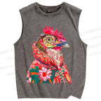 Unisex Colorful Rooster Printed Washed Tank Top