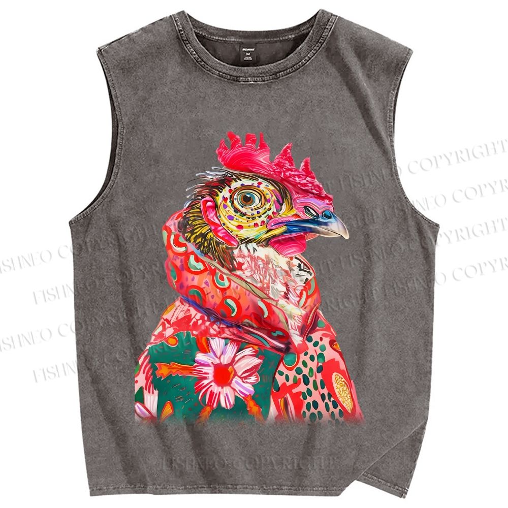 Unisex Colorful Rooster Printed Washed Tank Top