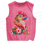Unisex Colorful Rooster Printed Washed Tank Top