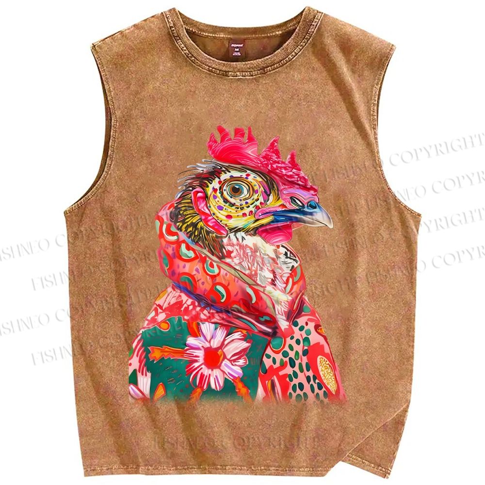 Unisex Colorful Rooster Printed Washed Tank Top