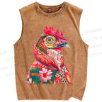 Unisex Colorful Rooster Printed Washed Tank Top