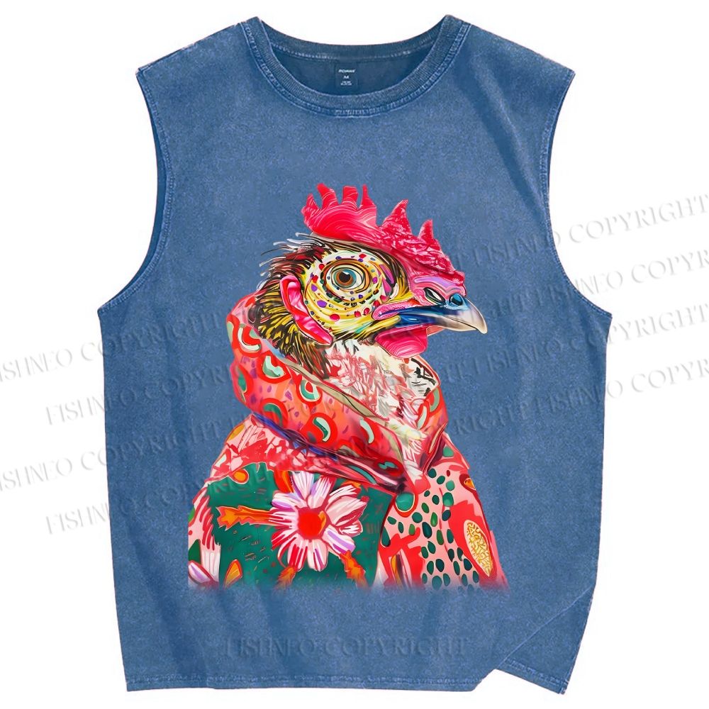 Unisex Colorful Rooster Printed Washed Tank Top