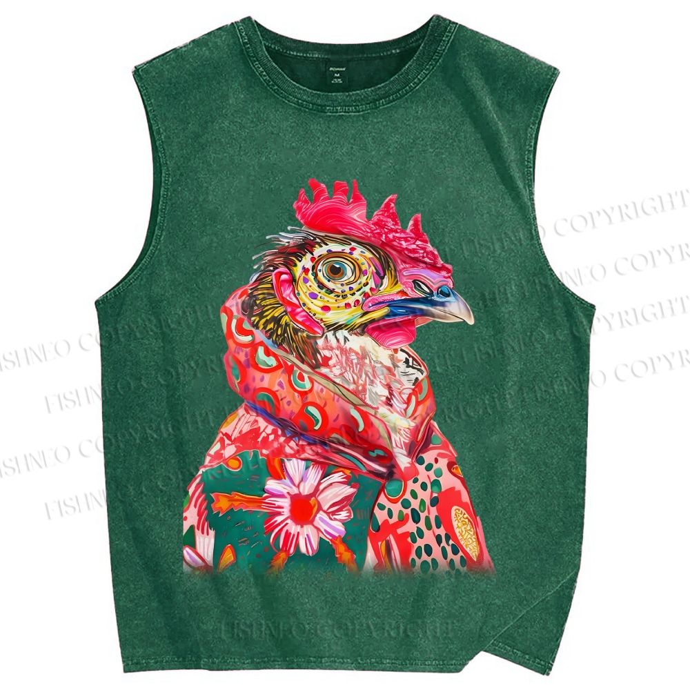 Unisex Colorful Rooster Printed Washed Tank Top