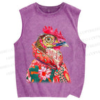 Unisex Colorful Rooster Printed Washed Tank Top