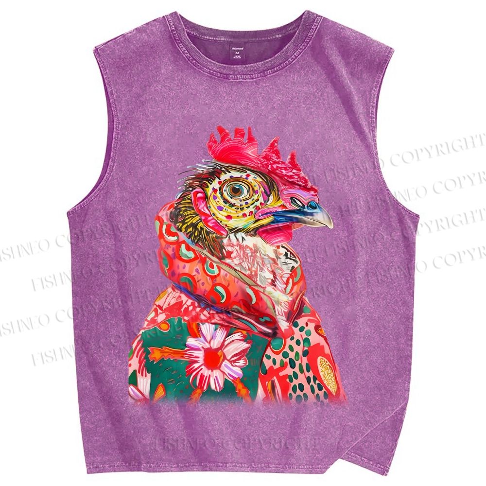 Unisex Colorful Rooster Printed Washed Tank Top