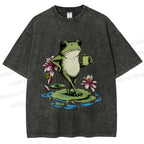 Unisex Leisure Time Frog Printed Washed Tee