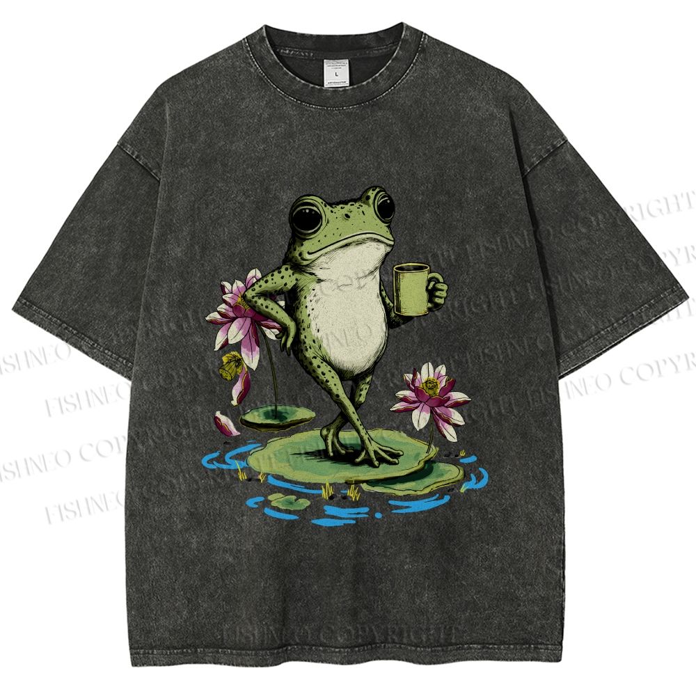 Unisex Leisure Time Frog Printed Washed Tee