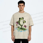 Unisex Leisure Time Frog Printed Washed Tee