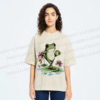 Unisex Leisure Time Frog Printed Washed Tee