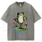 Unisex Leisure Time Frog Printed Washed Tee