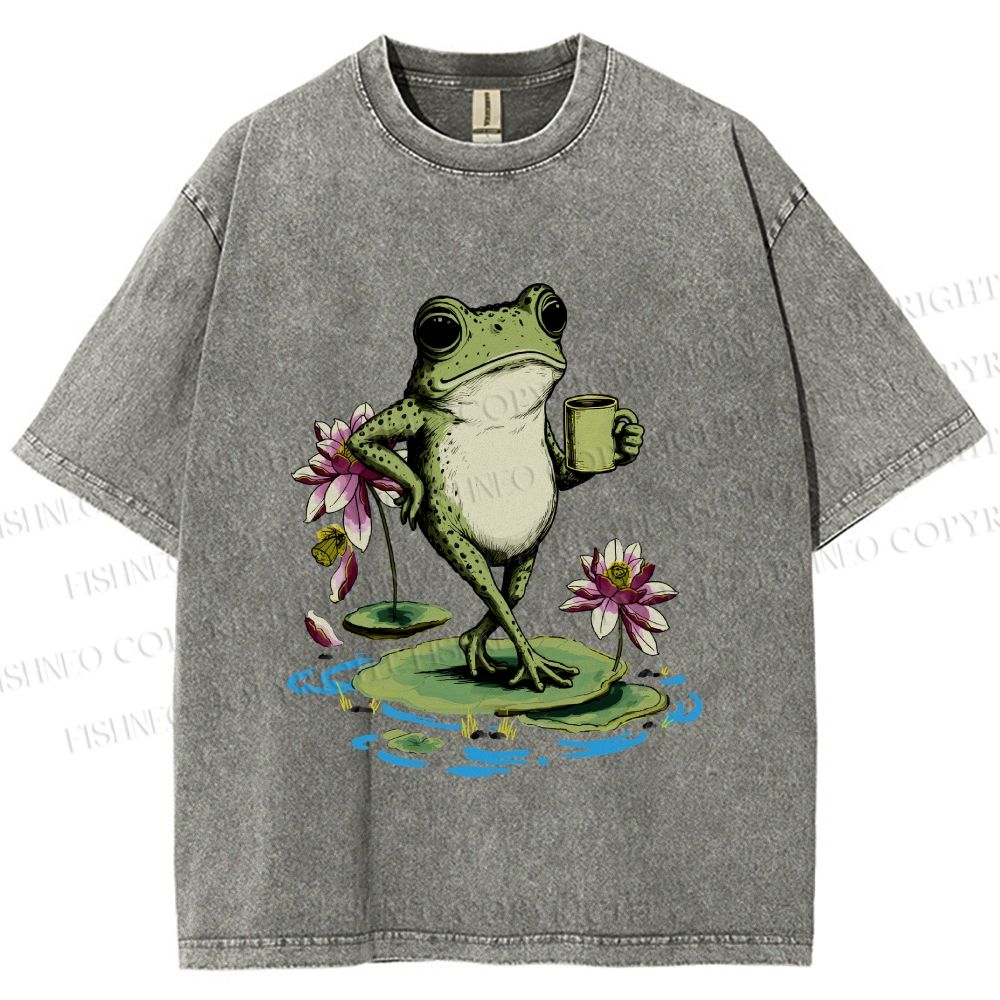 Unisex Leisure Time Frog Printed Washed Tee