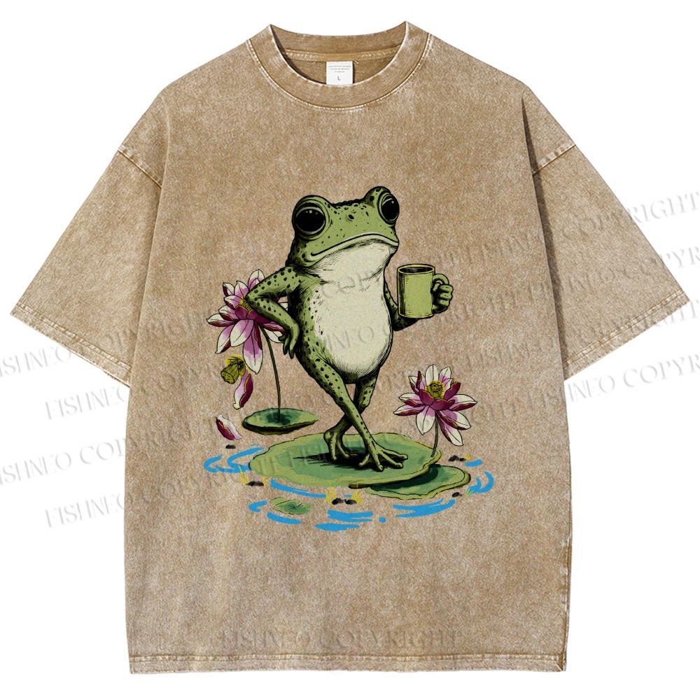 Unisex Leisure Time Frog Printed Washed Tee