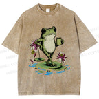 Unisex Leisure Time Frog Printed Washed Tee