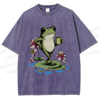 Unisex Leisure Time Frog Printed Washed Tee