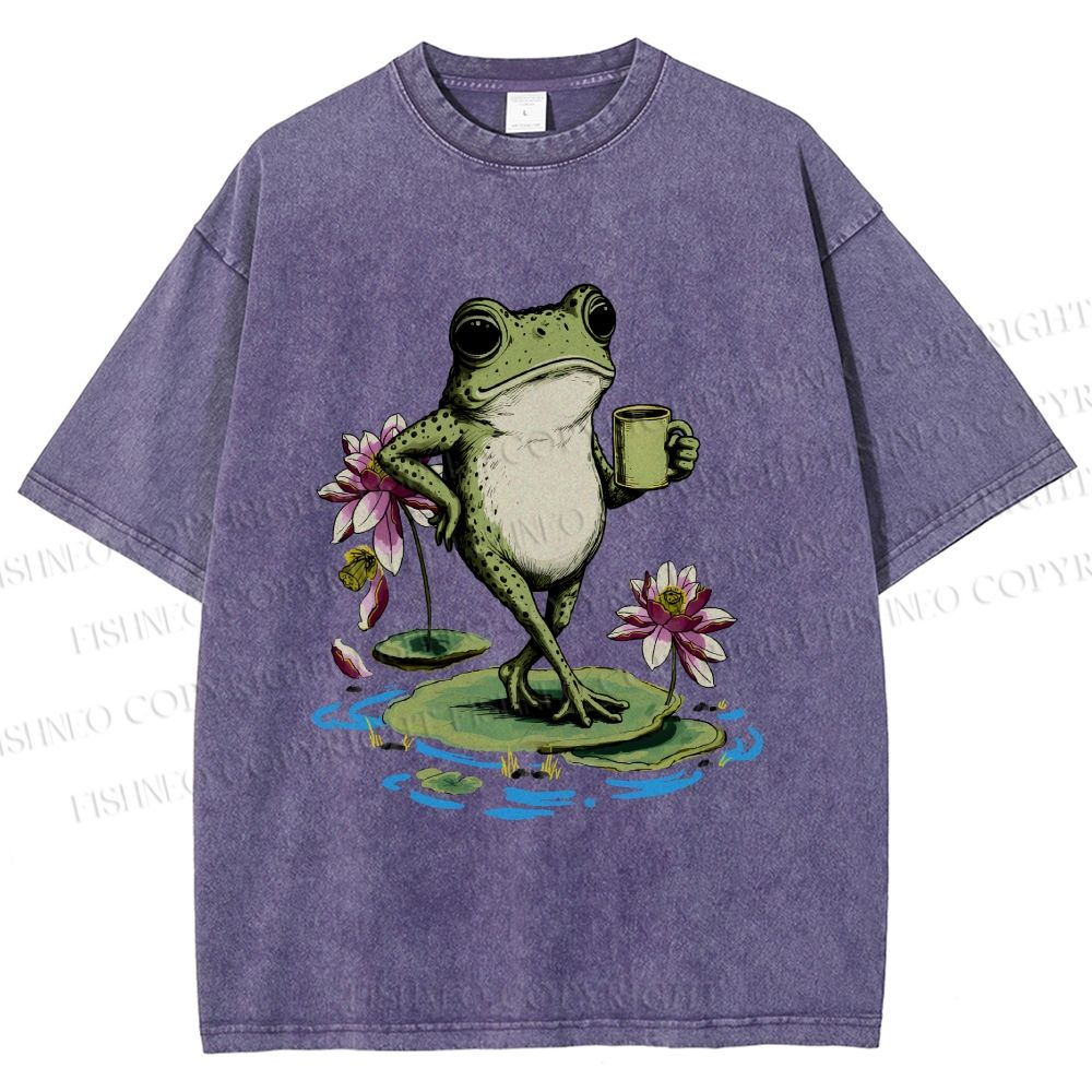 Unisex Leisure Time Frog Printed Washed Tee