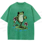 Unisex Leisure Time Frog Printed Washed Tee
