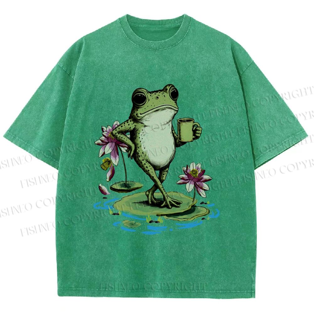 Unisex Leisure Time Frog Printed Washed Tee