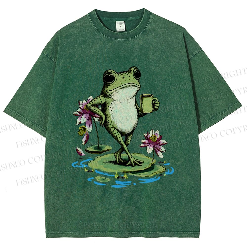 Unisex Leisure Time Frog Printed Washed Tee
