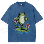Unisex Leisure Time Frog Printed Washed Tee