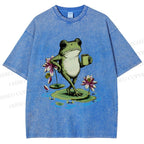 Unisex Leisure Time Frog Printed Washed Tee