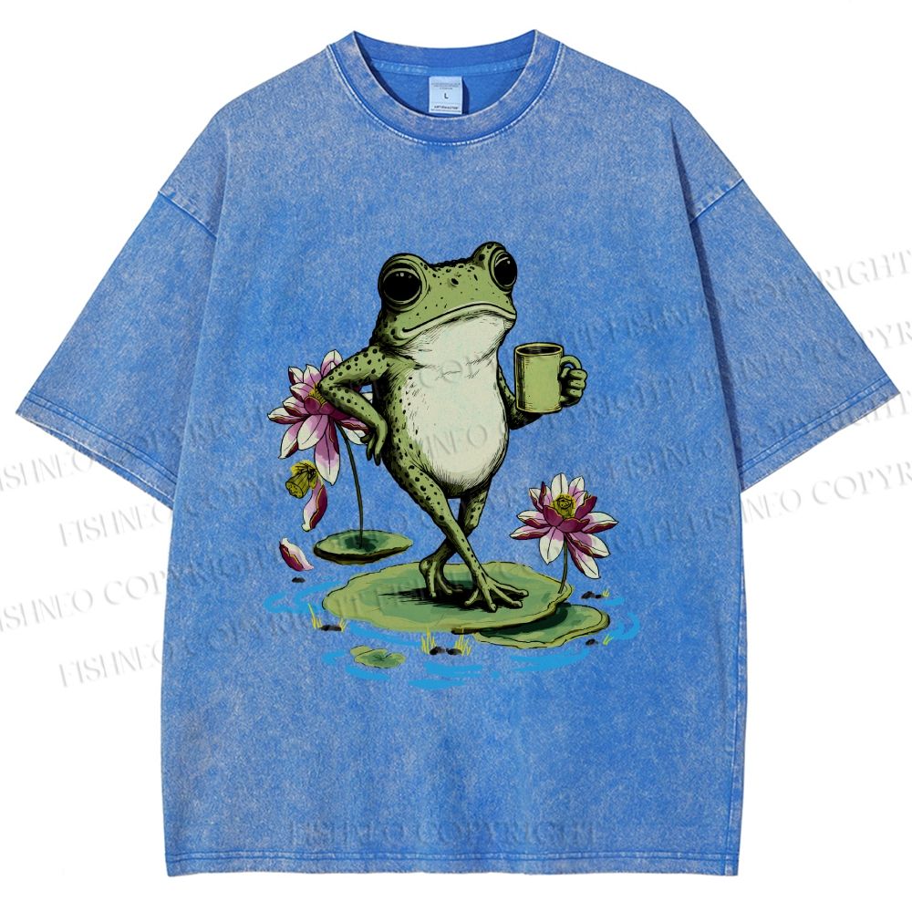 Unisex Leisure Time Frog Printed Washed Tee