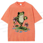 Unisex Leisure Time Frog Printed Washed Tee