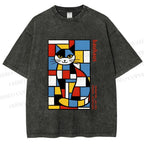 Unisex Bauhaus Mondrian Cat Printed Washed Tee