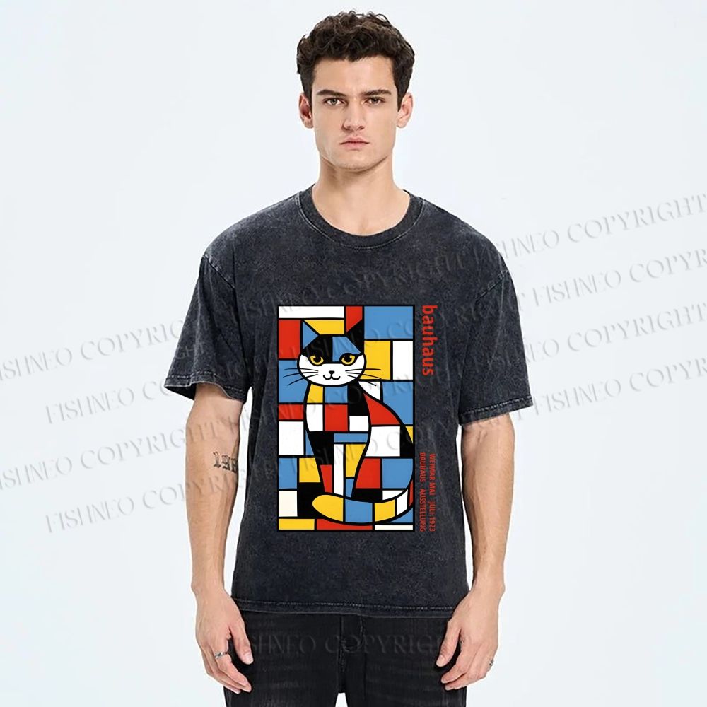 Unisex Bauhaus Mondrian Cat Printed Washed Tee