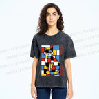 Unisex Bauhaus Mondrian Cat Printed Washed Tee