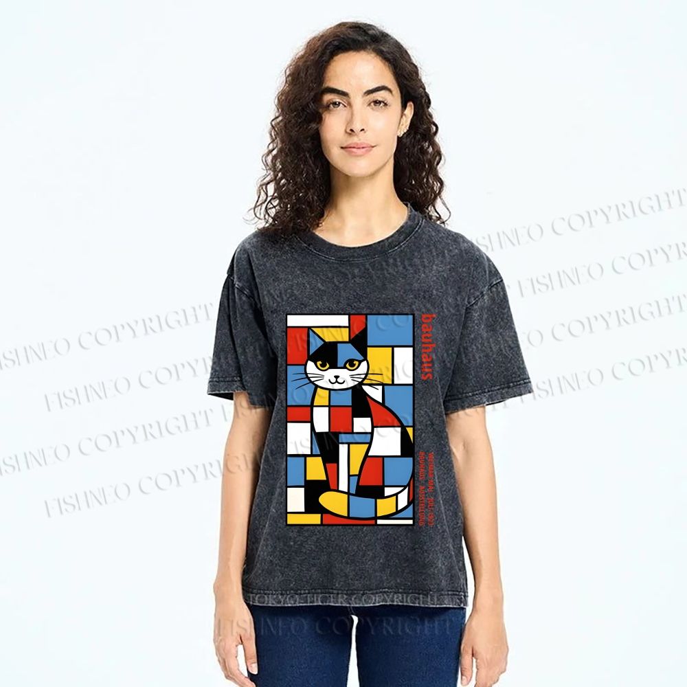 Unisex Bauhaus Mondrian Cat Printed Washed Tee