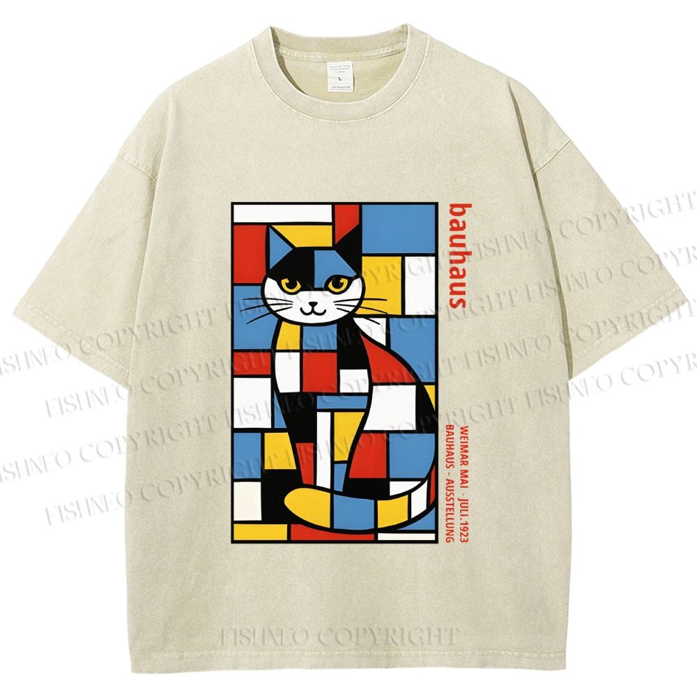 Unisex Bauhaus Mondrian Cat Printed Washed Tee