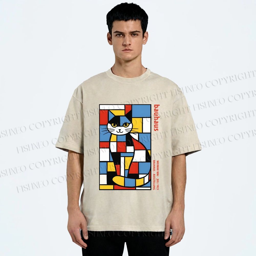 Unisex Bauhaus Mondrian Cat Printed Washed Tee