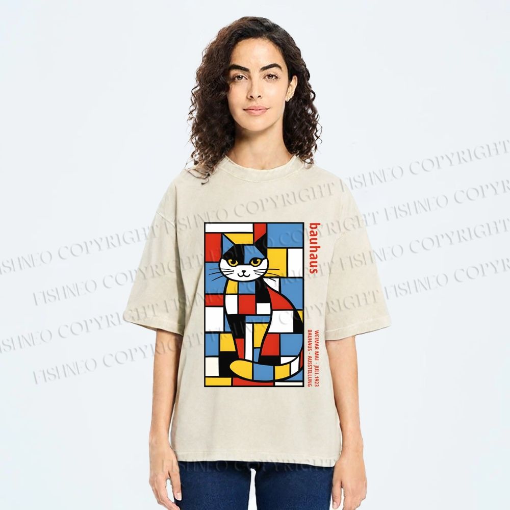 Unisex Bauhaus Mondrian Cat Printed Washed Tee