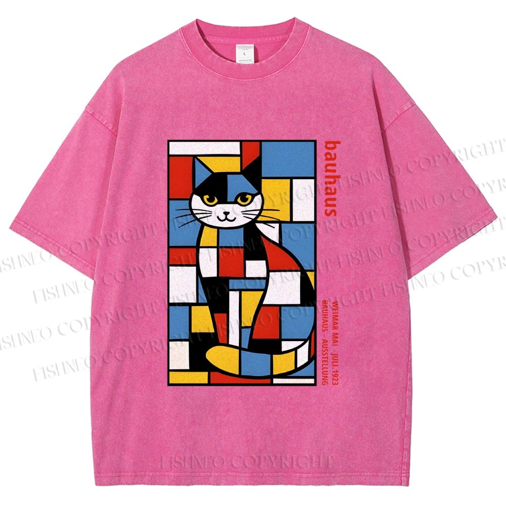 Unisex Bauhaus Mondrian Cat Printed Washed Tee